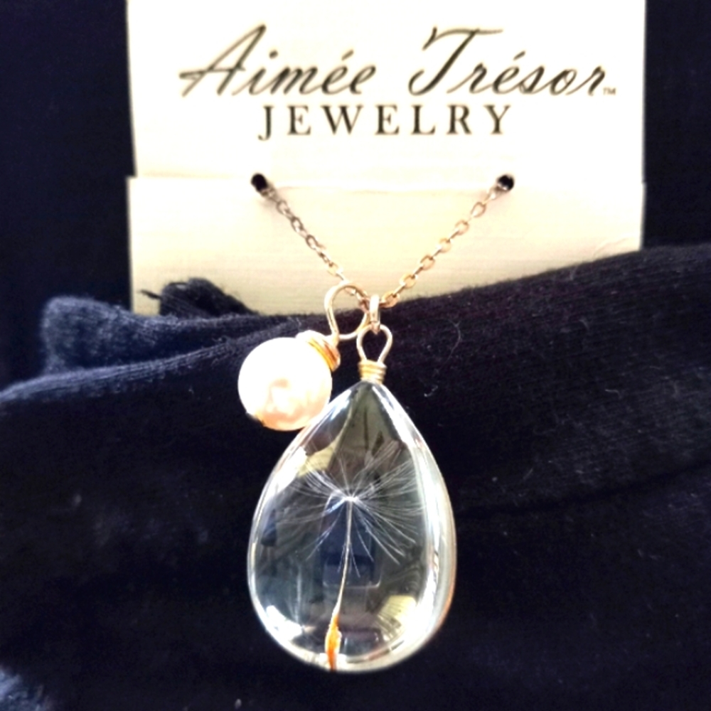 Dandelion Wish Pendant Necklace with Swarovski Crystal Pearl Charm 18" SS Chain